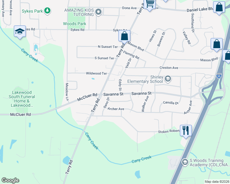 map of restaurants, bars, coffee shops, grocery stores, and more near 3878 Terry Road in Jackson
