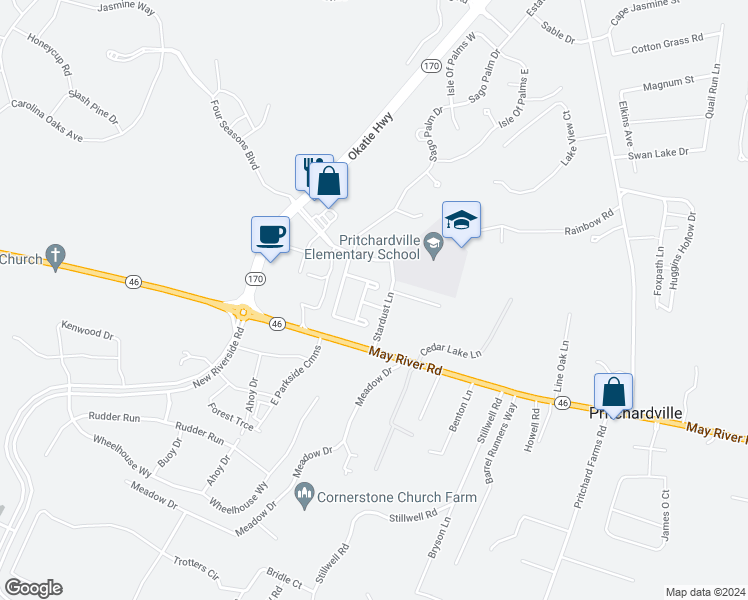 map of restaurants, bars, coffee shops, grocery stores, and more near 10 Fawns Leap in Bluffton