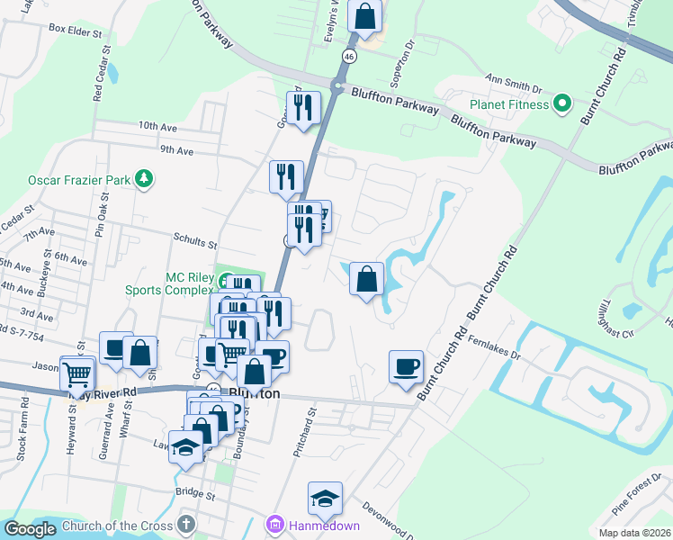 map of restaurants, bars, coffee shops, grocery stores, and more near 15b Cassandra Lane in Bluffton