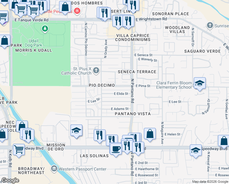 map of restaurants, bars, coffee shops, grocery stores, and more near 7761 East Elida Street in Tucson