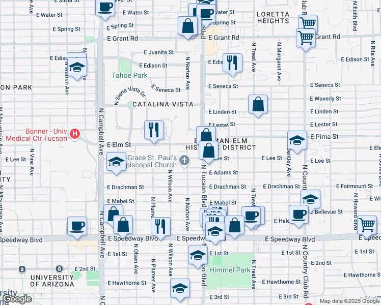 map of restaurants, bars, coffee shops, grocery stores, and more near 1601 North Tucson Boulevard in Tucson