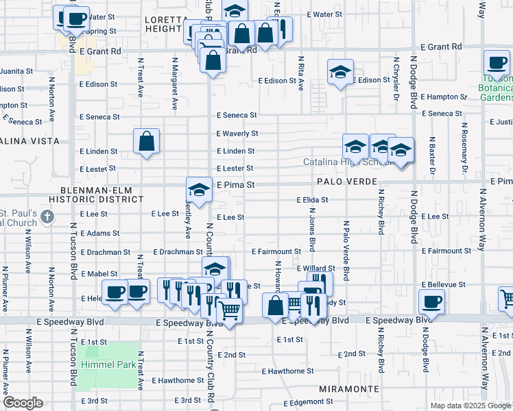 map of restaurants, bars, coffee shops, grocery stores, and more near 3233 East Elida Street in Tucson