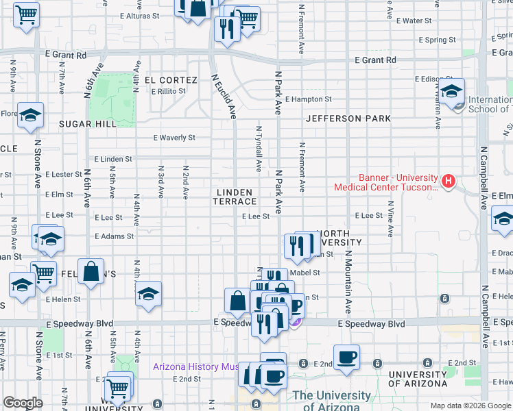 map of restaurants, bars, coffee shops, grocery stores, and more near 902 East Elm Street in Tucson