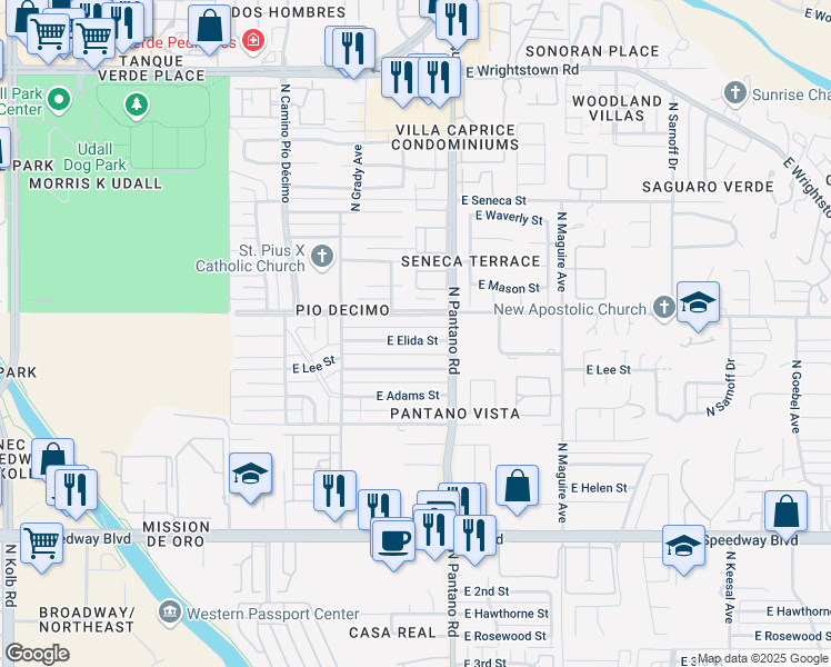 map of restaurants, bars, coffee shops, grocery stores, and more near 7770 East Pima Street in Tucson