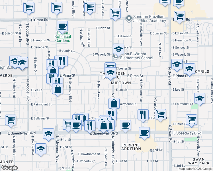 map of restaurants, bars, coffee shops, grocery stores, and more near 4232 East Pima Street in Tucson