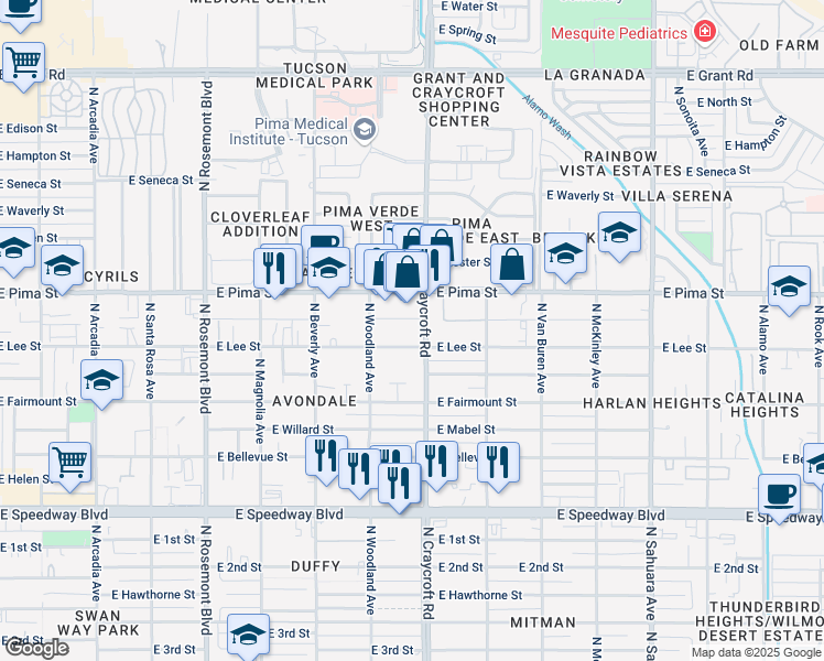 map of restaurants, bars, coffee shops, grocery stores, and more near 1635 North Craycroft Road in Tucson