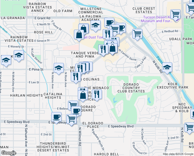 map of restaurants, bars, coffee shops, grocery stores, and more near 1620 North Wilmot Road in Tucson