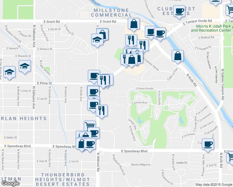 map of restaurants, bars, coffee shops, grocery stores, and more near 1600 North Wilmot Road in Tucson