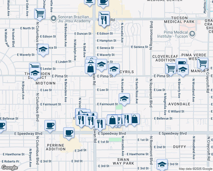map of restaurants, bars, coffee shops, grocery stores, and more near 4791 East Joslyn Heights Place in Tucson