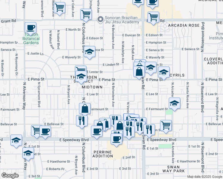 map of restaurants, bars, coffee shops, grocery stores, and more near 1622 North Belvedere Avenue in Tucson