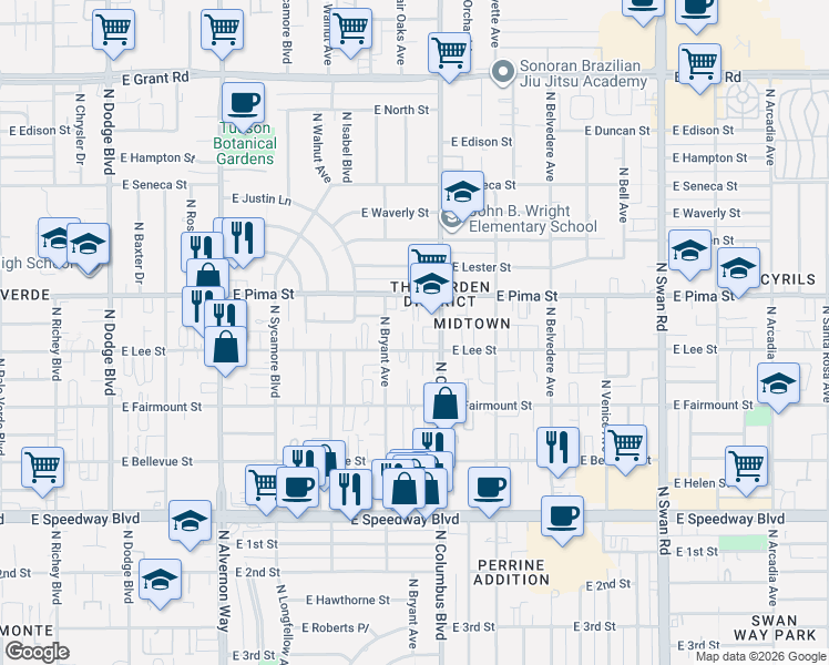 map of restaurants, bars, coffee shops, grocery stores, and more near 4232 East Pima Street in Tucson