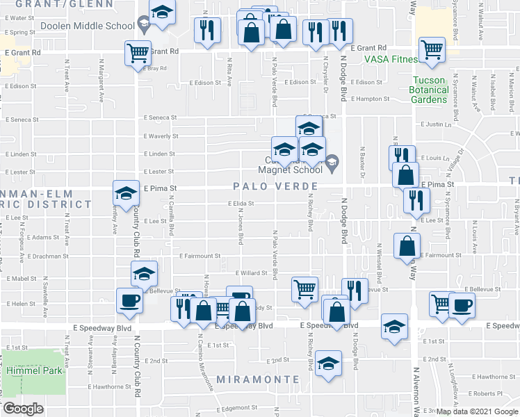 map of restaurants, bars, coffee shops, grocery stores, and more near 3437 East Elida Street in Tucson