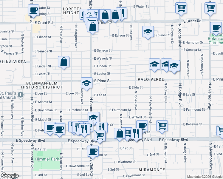 map of restaurants, bars, coffee shops, grocery stores, and more near 3233 East Elida Street in Tucson
