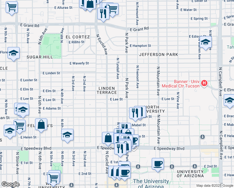 map of restaurants, bars, coffee shops, grocery stores, and more near 902 East Elm Street in Tucson