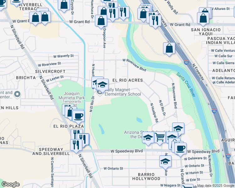 map of restaurants, bars, coffee shops, grocery stores, and more near 1615 West El Rio Drive in Tucson