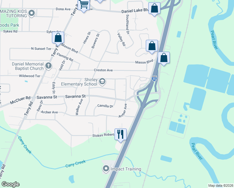 map of restaurants, bars, coffee shops, grocery stores, and more near 404 Deborah Circle in Jackson