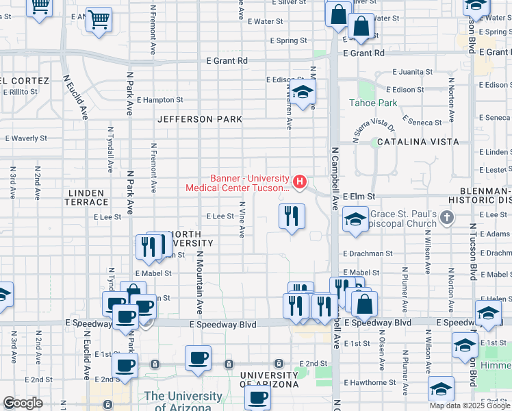 map of restaurants, bars, coffee shops, grocery stores, and more near 1640 North Vine Avenue in Tucson
