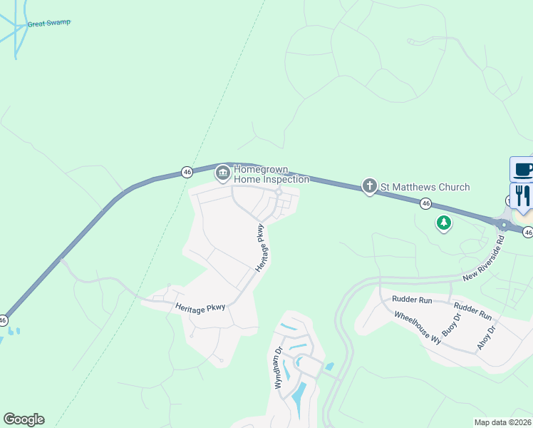 map of restaurants, bars, coffee shops, grocery stores, and more near 74 Heritage Parkway in Bluffton