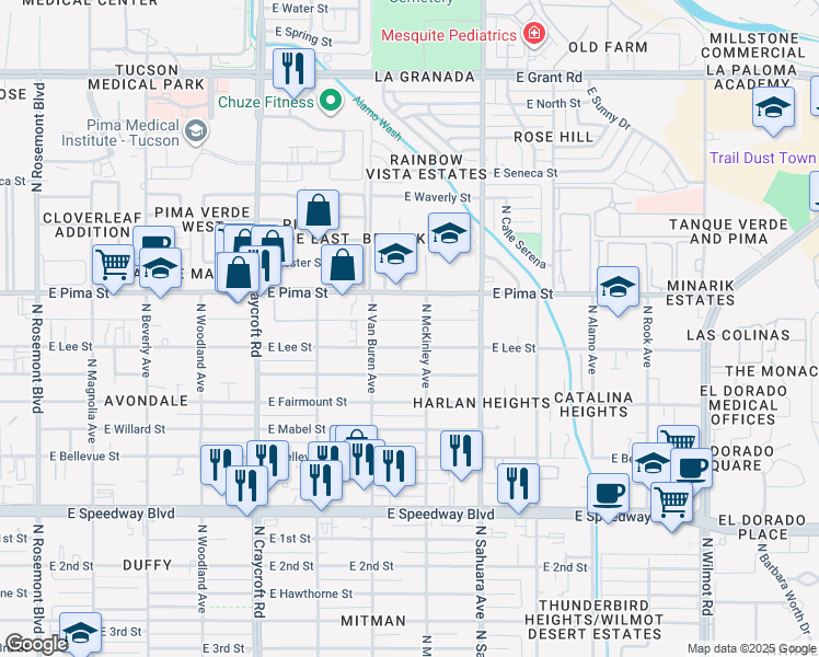 map of restaurants, bars, coffee shops, grocery stores, and more near 5780 East Elida Street in Tucson