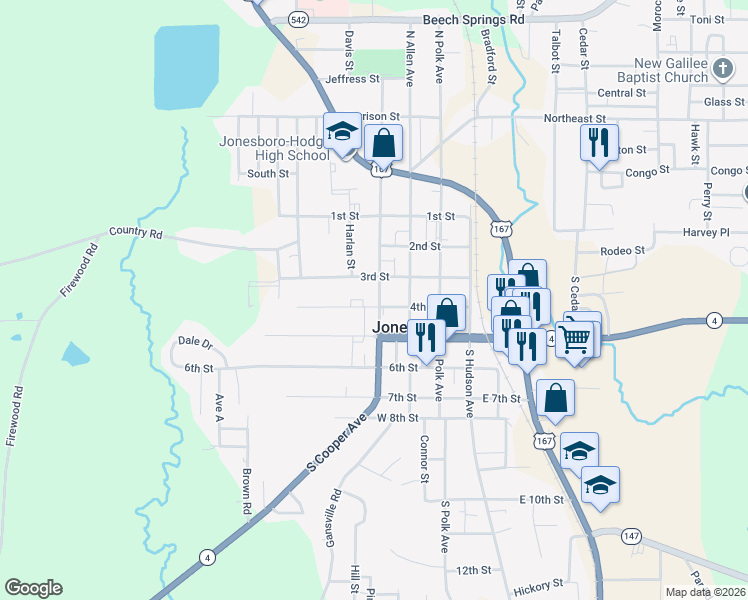map of restaurants, bars, coffee shops, grocery stores, and more near 400 4th Street in Jonesboro