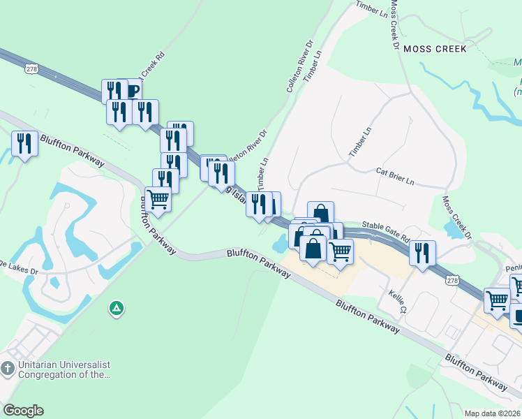 map of restaurants, bars, coffee shops, grocery stores, and more near 64 Timber Lane in Hilton Head Island