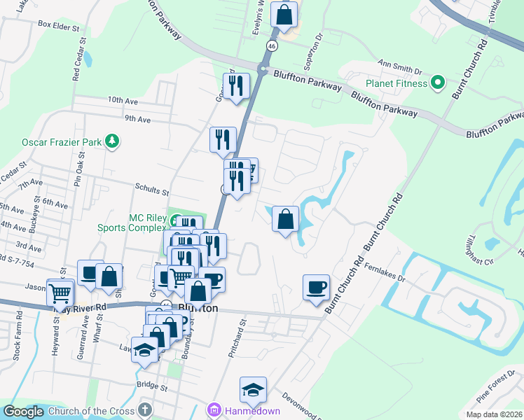 map of restaurants, bars, coffee shops, grocery stores, and more near 15b Cassandra Lane in Bluffton