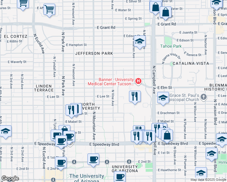 map of restaurants, bars, coffee shops, grocery stores, and more near 1610 North Vine Avenue in Tucson