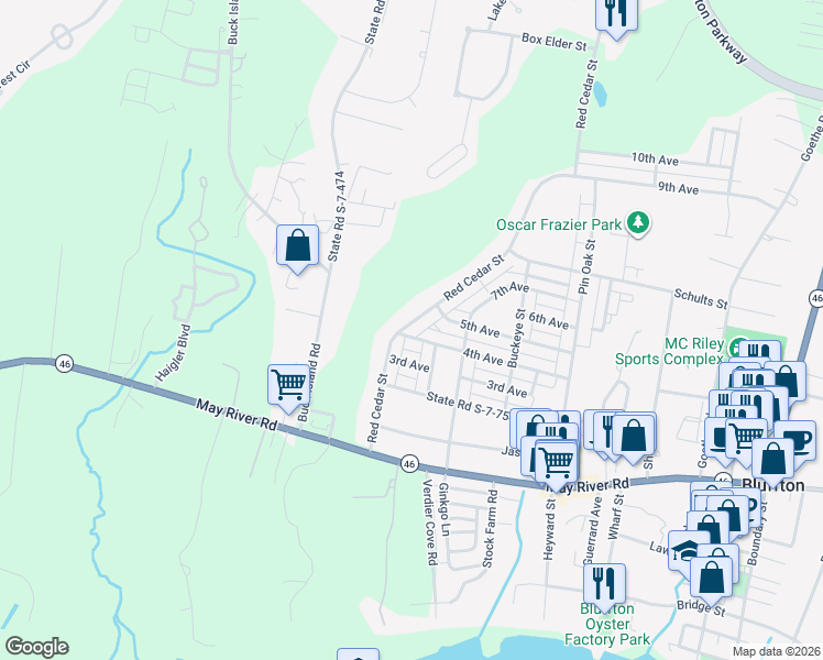 map of restaurants, bars, coffee shops, grocery stores, and more near 58 Red Cedar Street in Bluffton