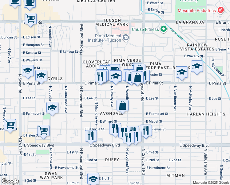 map of restaurants, bars, coffee shops, grocery stores, and more near 1629 North Beverly Avenue in Tucson
