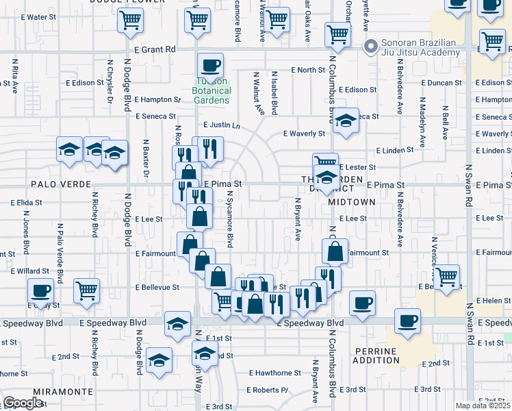 map of restaurants, bars, coffee shops, grocery stores, and more near 4048 East Harley Street in Tucson
