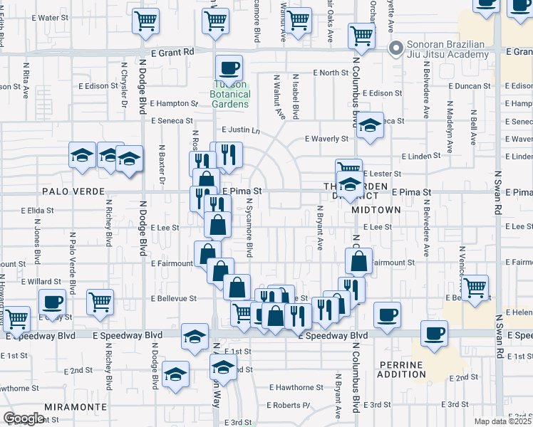map of restaurants, bars, coffee shops, grocery stores, and more near 4034 East Pima Street in Tucson