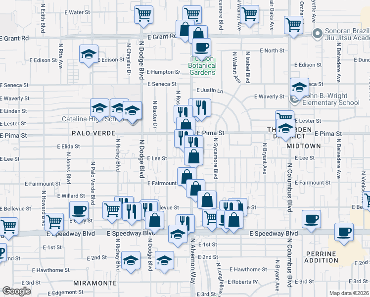 map of restaurants, bars, coffee shops, grocery stores, and more near 1643 North Alvernon Way in Tucson