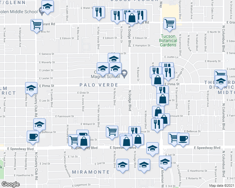 map of restaurants, bars, coffee shops, grocery stores, and more near 1626 North Richey Boulevard in Tucson