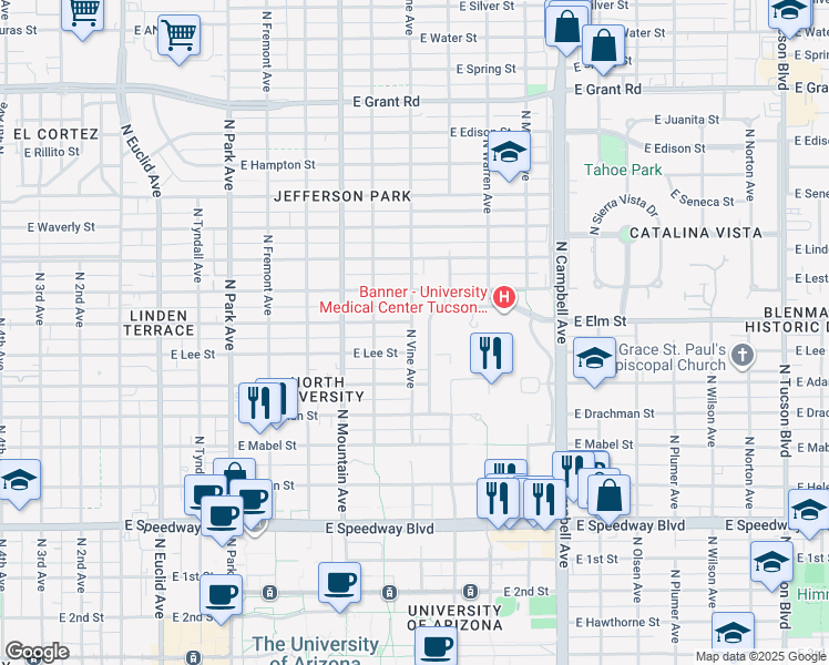 map of restaurants, bars, coffee shops, grocery stores, and more near 1640 North Vine Avenue in Tucson