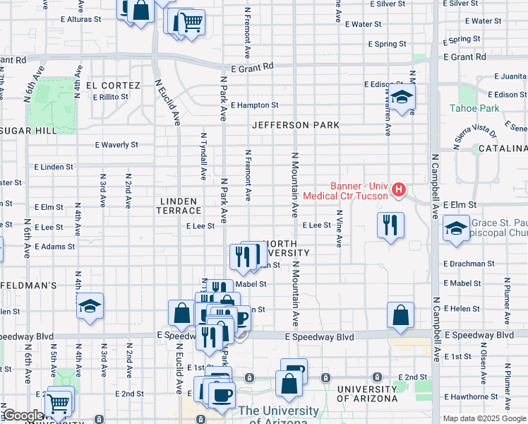 map of restaurants, bars, coffee shops, grocery stores, and more near 1636 North Fremont Avenue in Tucson