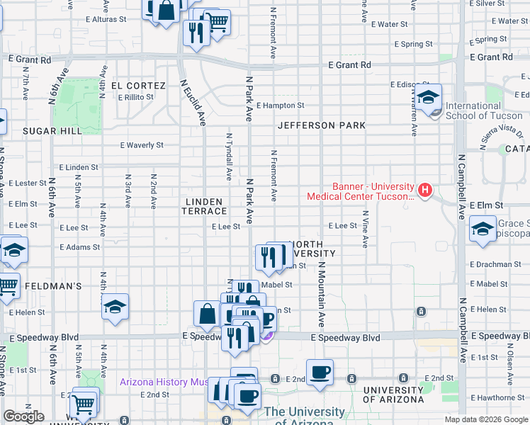 map of restaurants, bars, coffee shops, grocery stores, and more near 1002 East Elm Street in Tucson