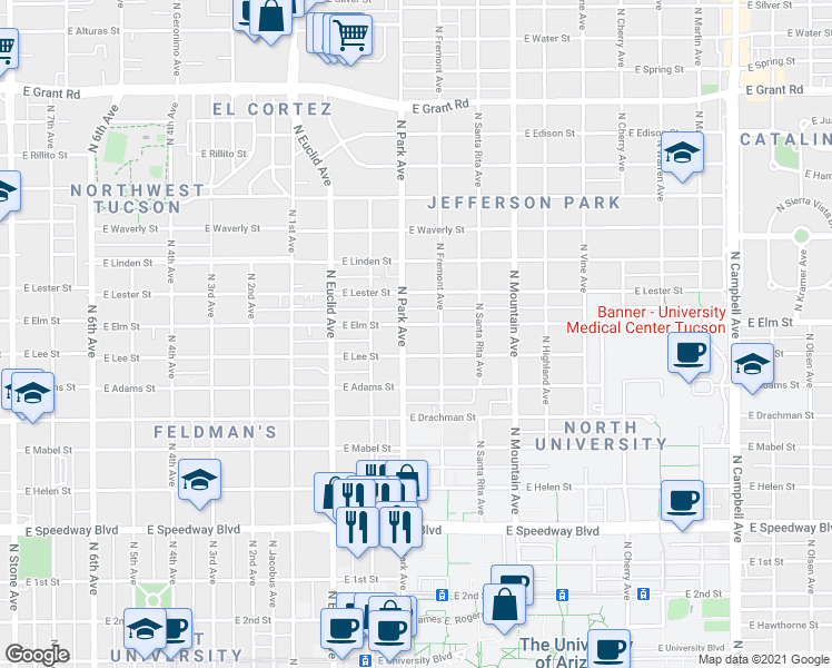 map of restaurants, bars, coffee shops, grocery stores, and more near 1002 East Elm Street in Tucson