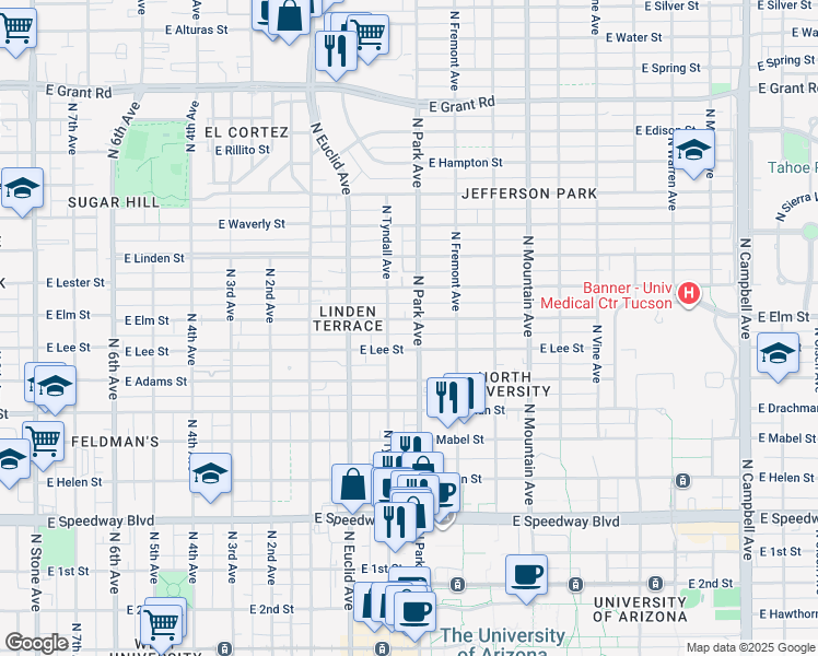 map of restaurants, bars, coffee shops, grocery stores, and more near 1002 East Elm Street in Tucson