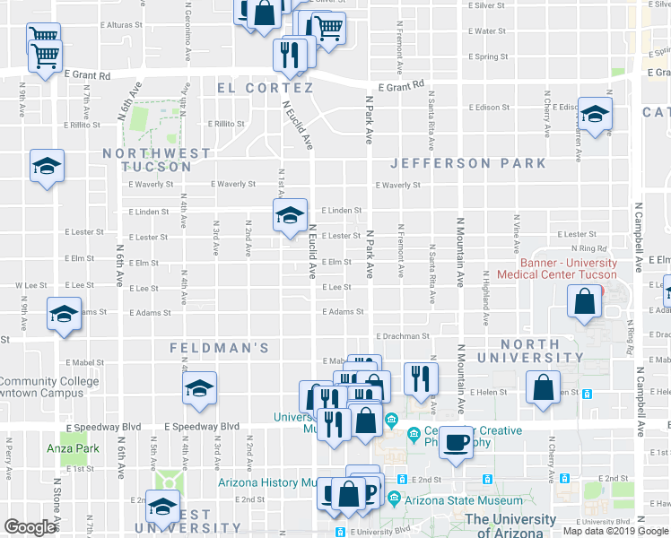 map of restaurants, bars, coffee shops, grocery stores, and more near 902 East Elm Street in Tucson