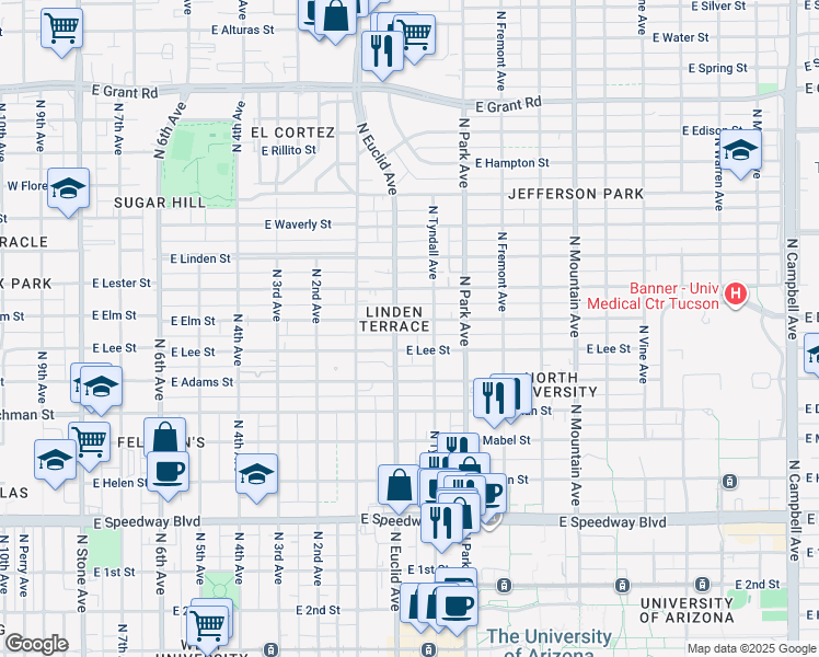 map of restaurants, bars, coffee shops, grocery stores, and more near 800 East Elm Street in Tucson