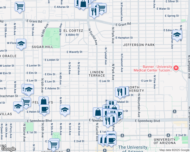 map of restaurants, bars, coffee shops, grocery stores, and more near 800 East Elm Street in Tucson