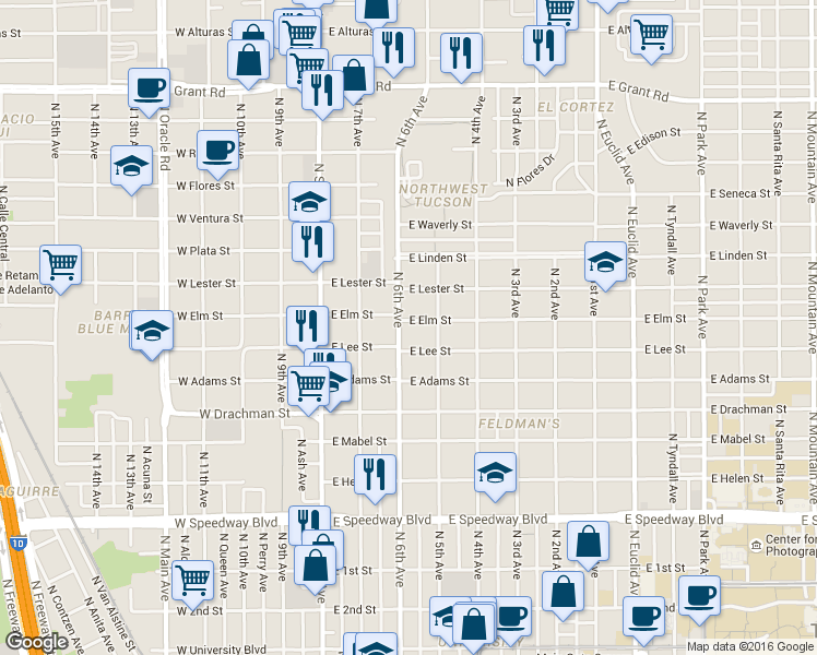 map of restaurants, bars, coffee shops, grocery stores, and more near 202 East Elm Street in Tucson