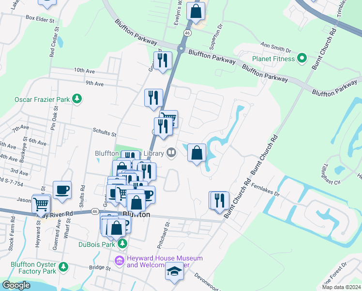 map of restaurants, bars, coffee shops, grocery stores, and more near 15b Cassandra Lane in Bluffton