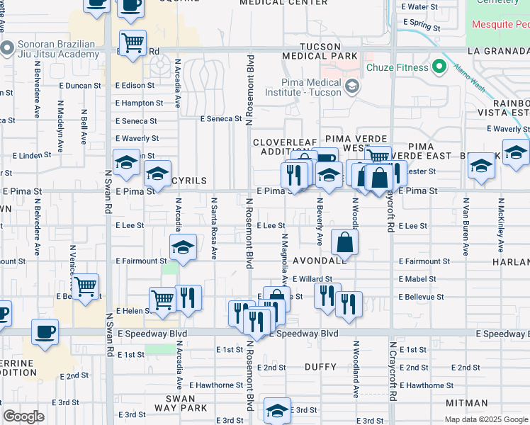 map of restaurants, bars, coffee shops, grocery stores, and more near 1631 North Sarah Place in Tucson