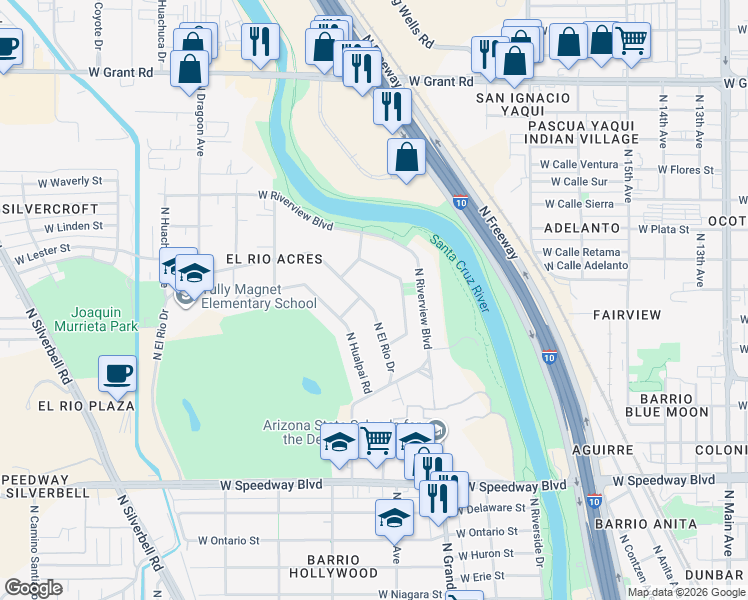 map of restaurants, bars, coffee shops, grocery stores, and more near 1595 North Yavapai Street in Tucson