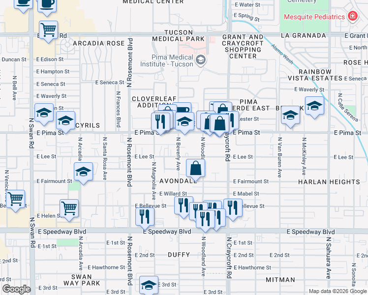 map of restaurants, bars, coffee shops, grocery stores, and more near 1622 North Beverly Avenue in Tucson