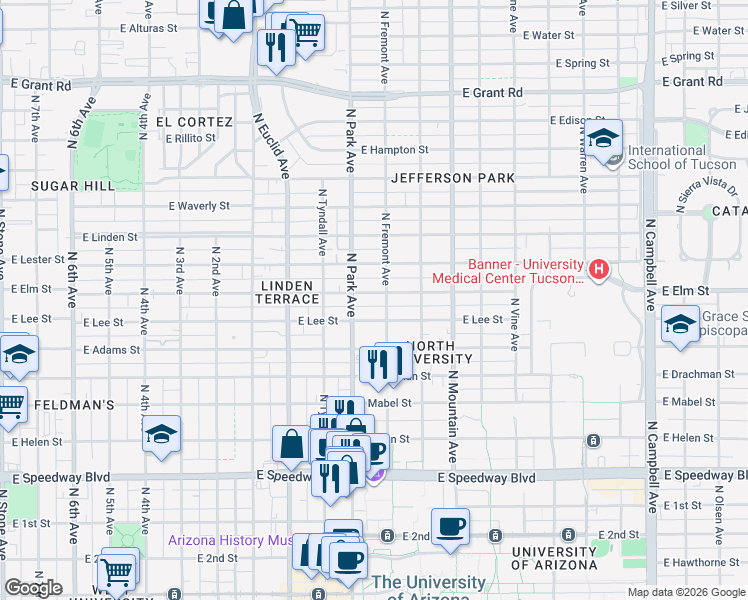 map of restaurants, bars, coffee shops, grocery stores, and more near 1002 East Elm Street in Tucson