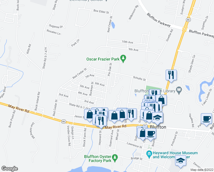 map of restaurants, bars, coffee shops, grocery stores, and more near Pin Oak Street in Bluffton