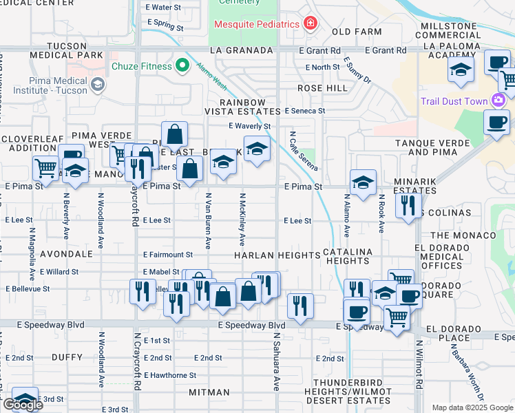 map of restaurants, bars, coffee shops, grocery stores, and more near 5834 East Elida Street in Tucson