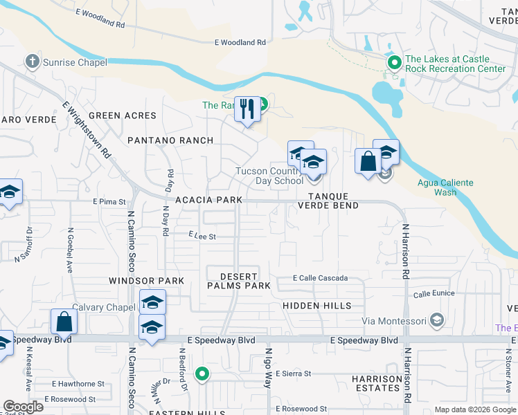 map of restaurants, bars, coffee shops, grocery stores, and more near 9042 East Wrightstown Road in Tucson